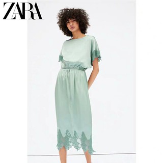 Đầm ZARA satin lụa xanh mát dịu