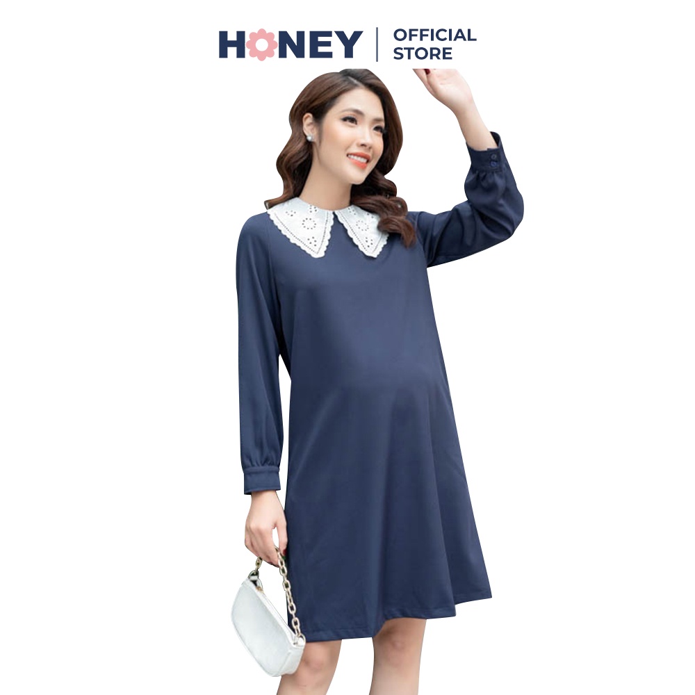 Váy bầu dáng suông chất âu công sở, cổ phối ren nhiều size - thời trang đầm bầu thiết kế HONEY