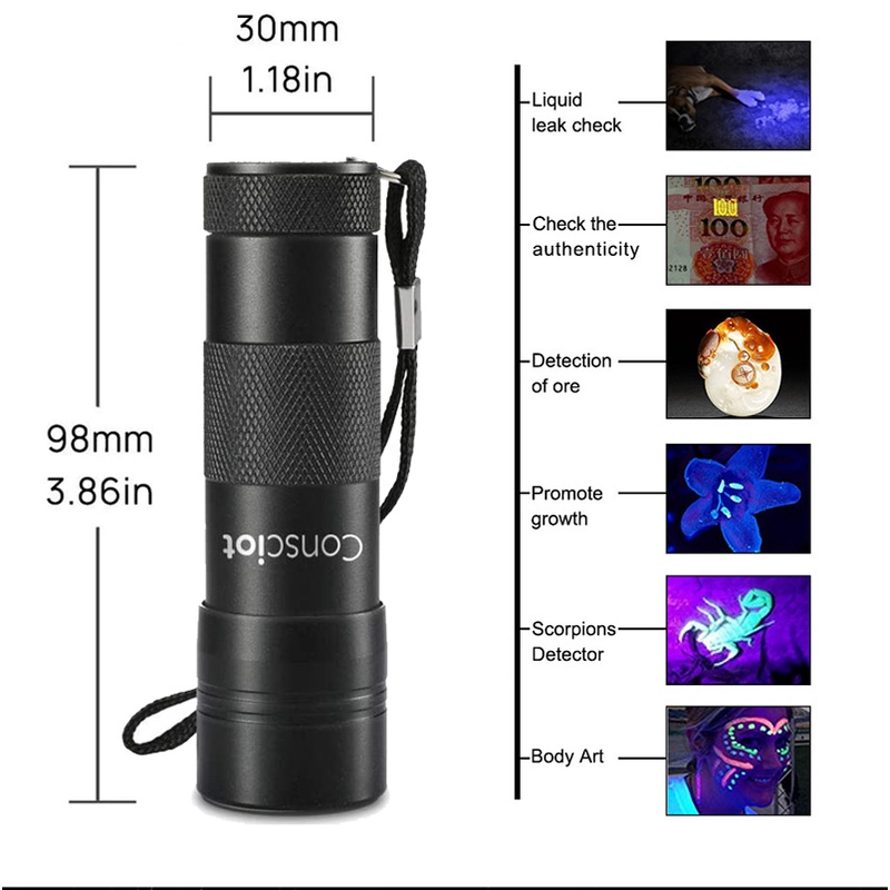 Đèn Pin UV 12 Led 395nm Với 3 Pin AAA Đèn UV Mini Chống Hàng Giả / Nấm / Nấm Cho Thú Cưng