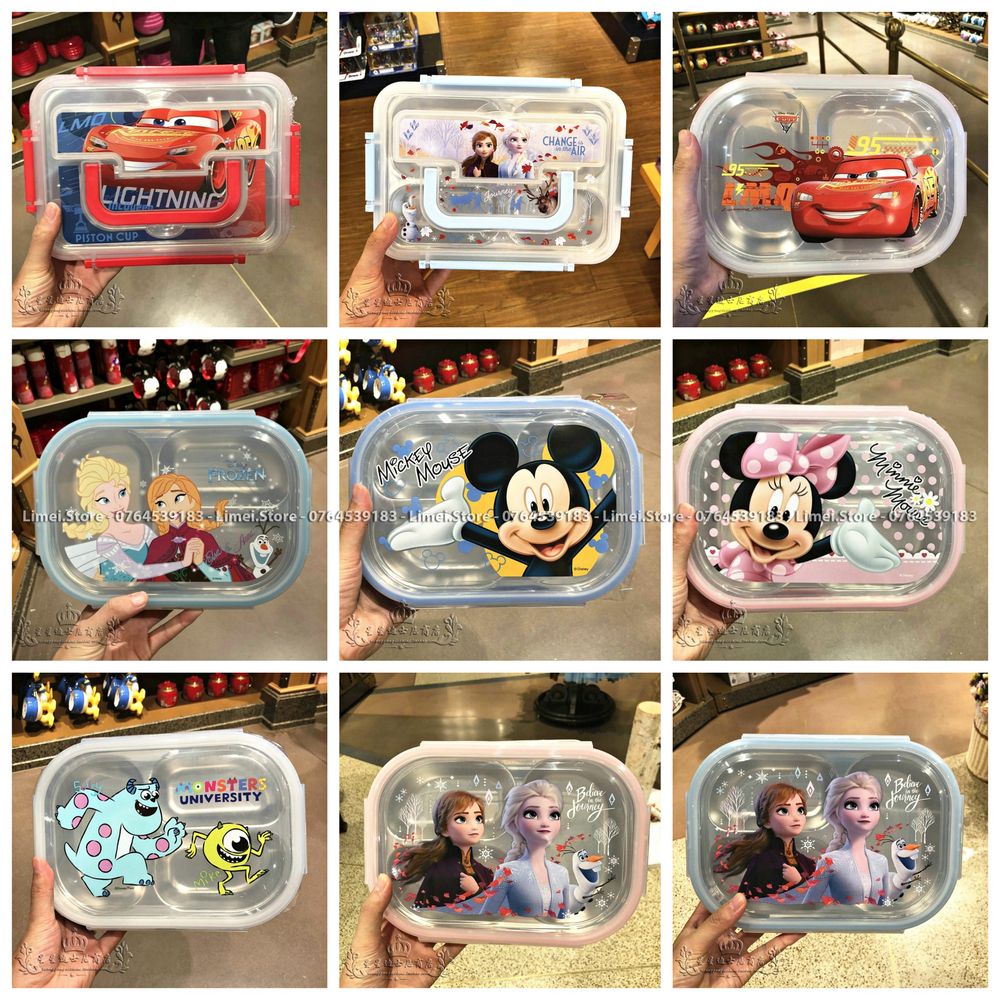 Hộp cơm , khay cơm ăn nhiều ngăn inox hình Frozen Car Mickey Minnie hàng xịn Disney