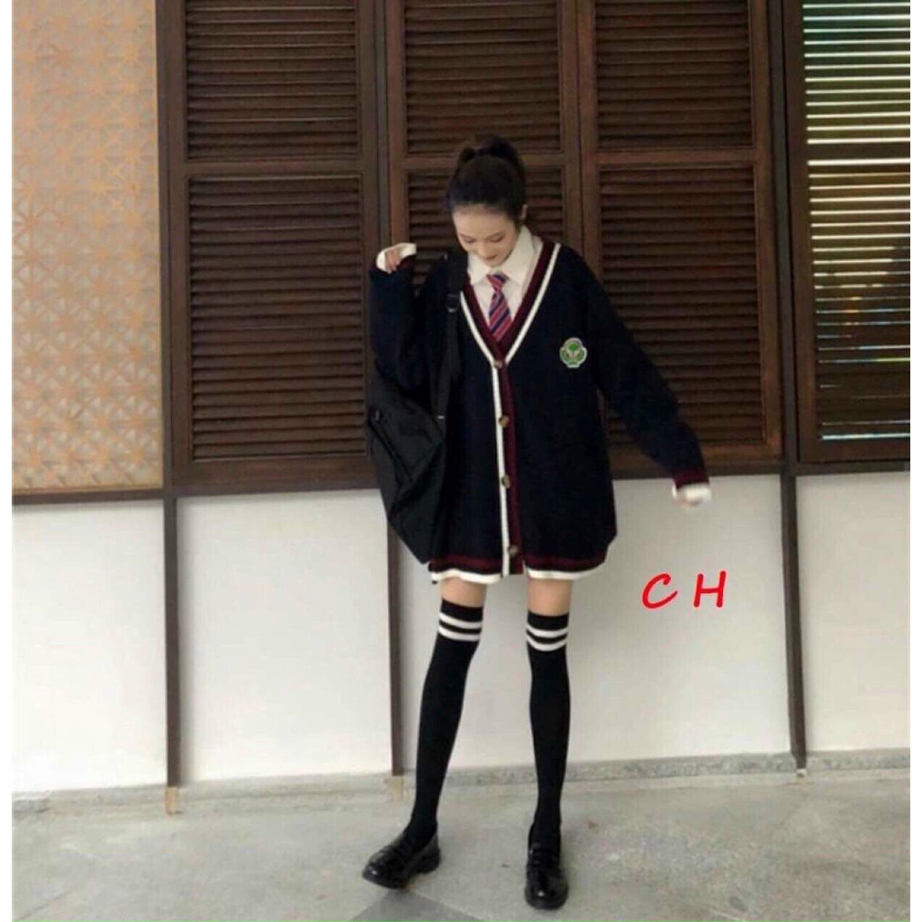 Áo cardigan chất nỉ bông phối viền đỏ dáng thụng