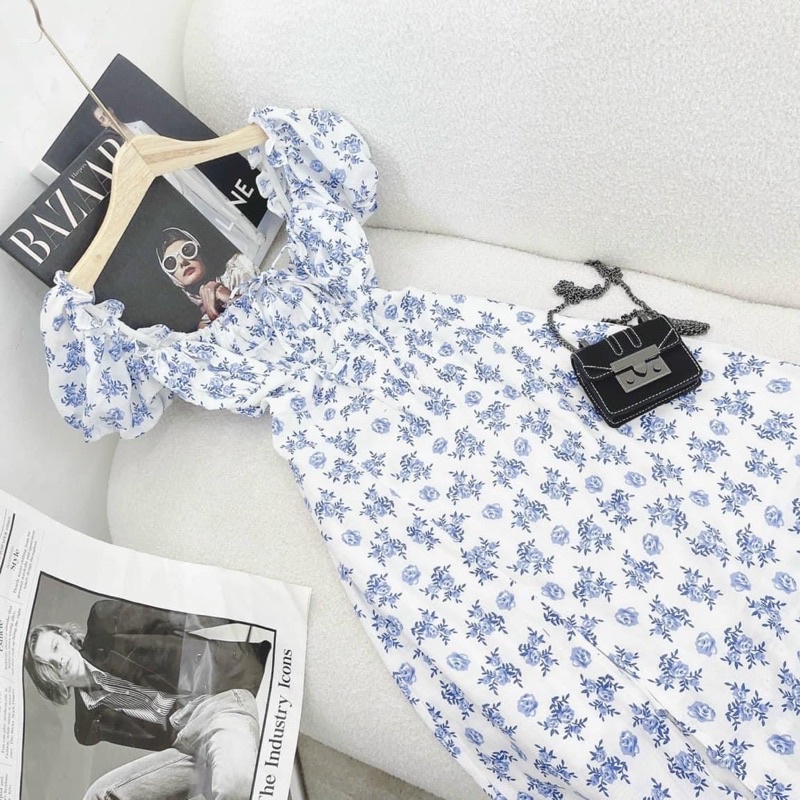 Hình chụp thật YenCloset - Đầm hoa xanh xẻ đùi thướt tha, nữ tính