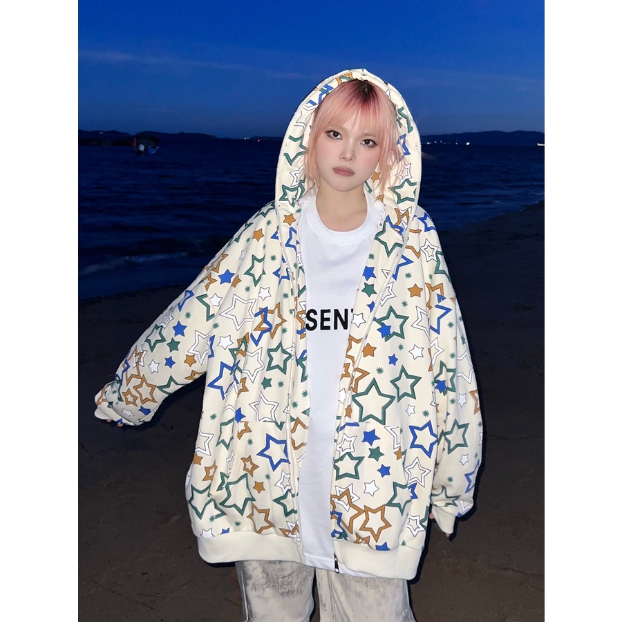 Áo Hoodie Tay Dài Dáng Rộng In Hình Ngôi Sao Năm Cánh Phong Cách Preppy Dễ Phối Đồ