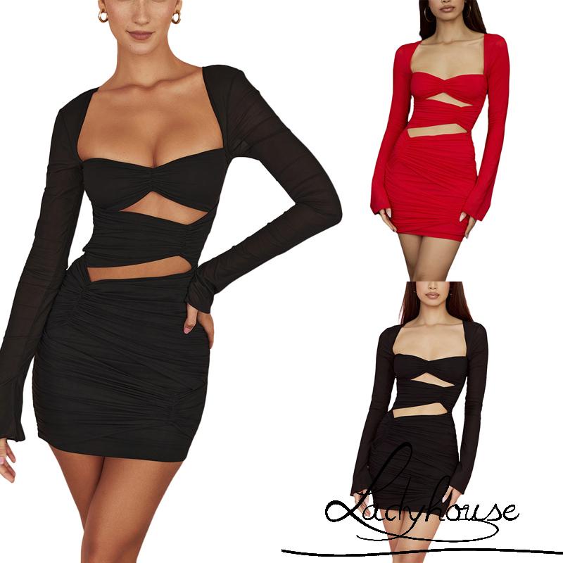 Đầm Tay Dài Màu Trơn Thiết Kế Khoét Lỗ Thời Trang Mùa Xuân Cho Nữ