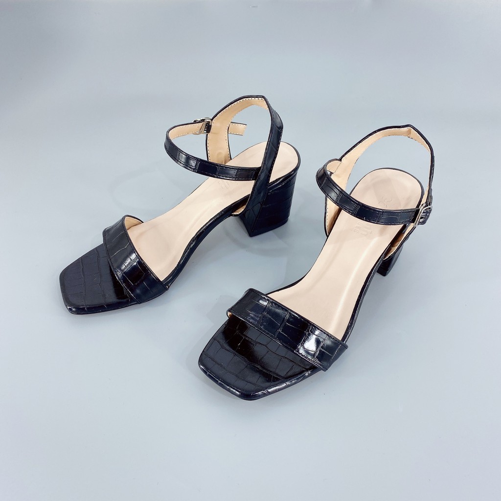 Sandal cao gót nữ GÓT XINH GD22 màu đen quai ngang đế vuông cao 5cm