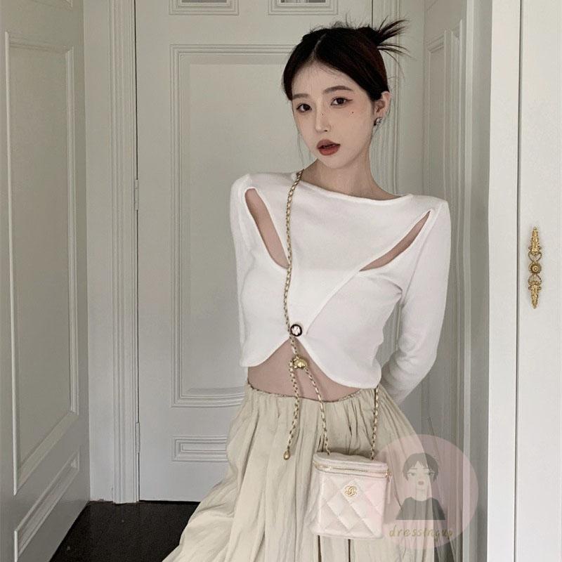 Áo Thun Dệt Kim Tay Dài Cổ Tròn Màu Sắc Đơn Giản Dành Cho Nữ