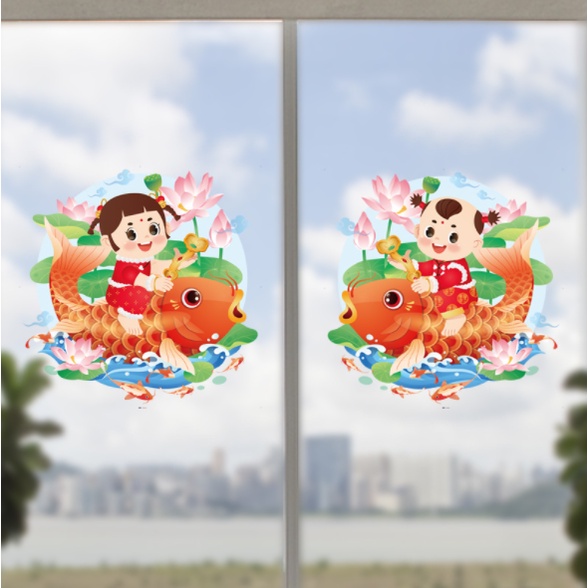 Decal hít tĩnh điện dán tết - Bé gái và bé trai cưỡi cá chép