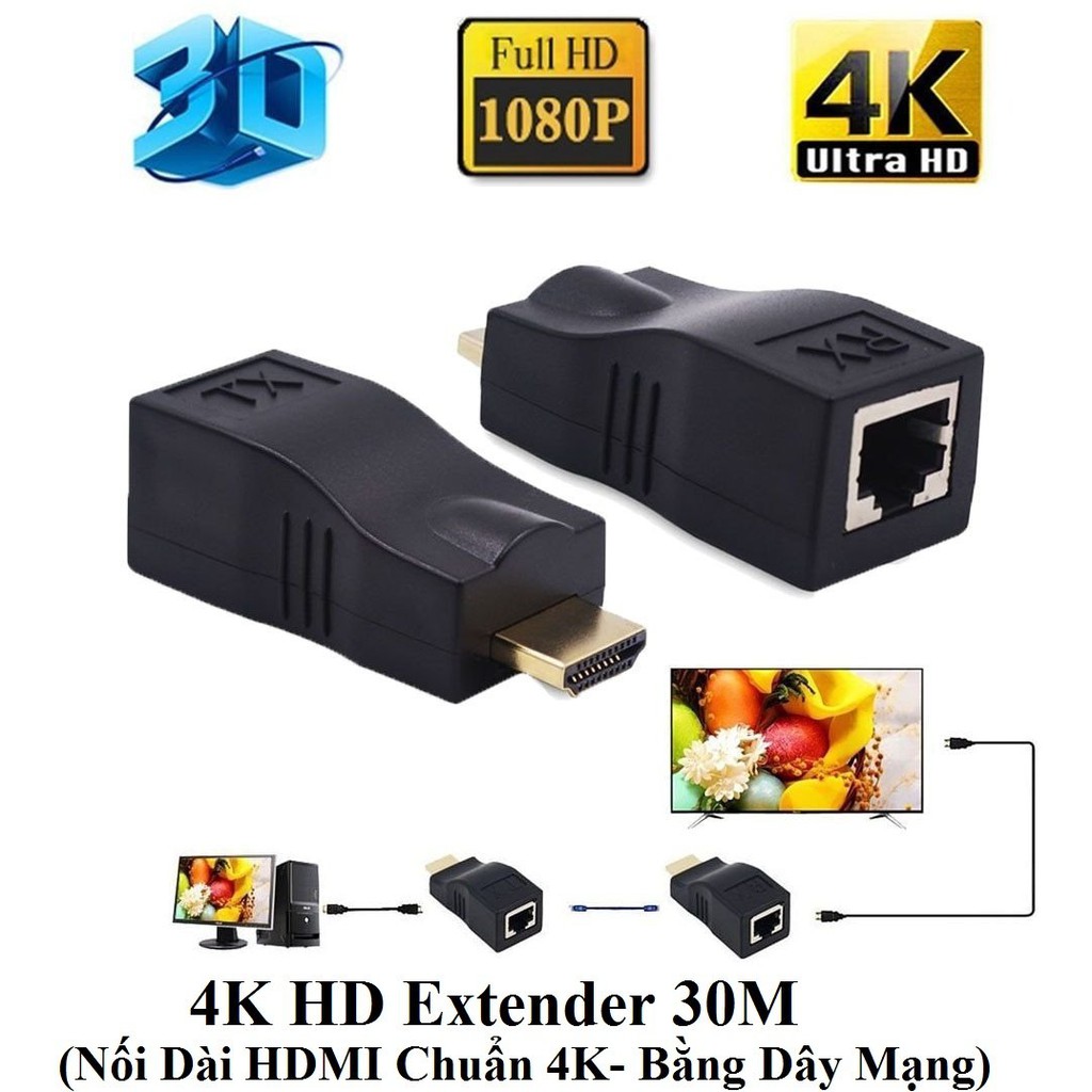 (ĐEN) - 4K HD Extender 30M (Nối Dài HDMI Chuẩn 4K bằng Dây LAN 30m)