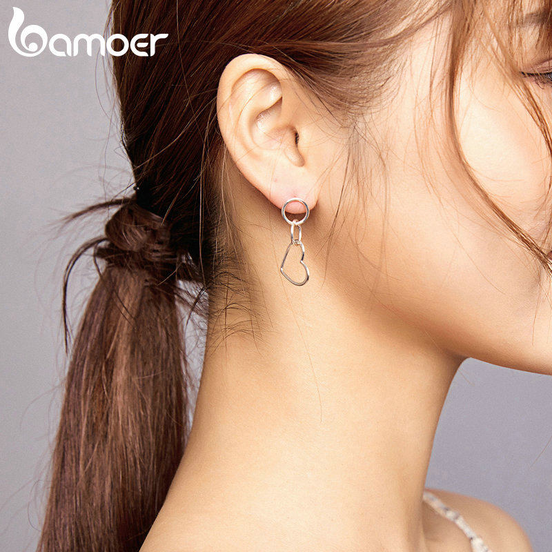 Khuyên Tai Bamoer SCE916 Dáng Dài Chất Liệu Bạc 925 Thiết Kế Hình Trái Tim Tối Giản Cho Nữ
