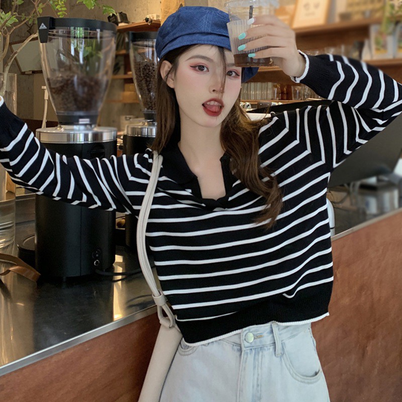 Áo Len Tay Dài Dáng Rộng Họa Tiết Kẻ Sọc Phong Cách Retro Thời Trang Mùa Hè Cho Nữ