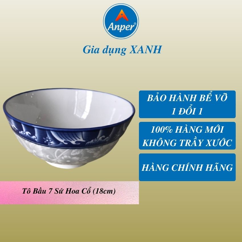 Combo 2 tô sứ 3 bát sứ bầu ANPER dày 15 18 20 cm ăn phở ăn cơm an toàn