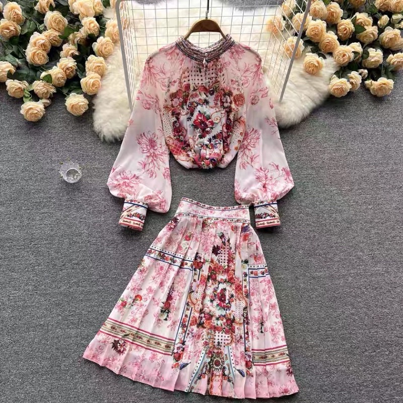 SET ĐẦM HOẠ TIẾT TAY BỒNG PHỐI CHÂN VÁY XẾP LY