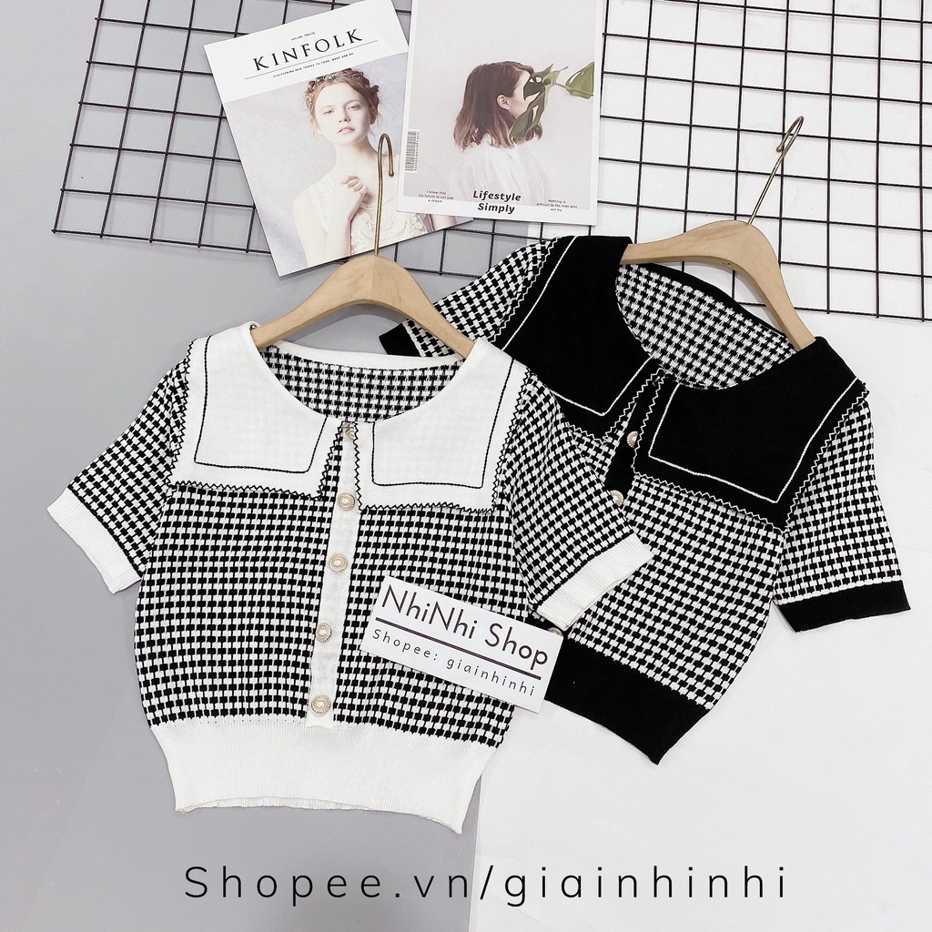 Áo len kẻ caro cổ lá bo gấu ngắn tay cúc đính vải len mịn co giãn AL8608 - NhiNhi Shop | BigBuy360 - bigbuy360.vn