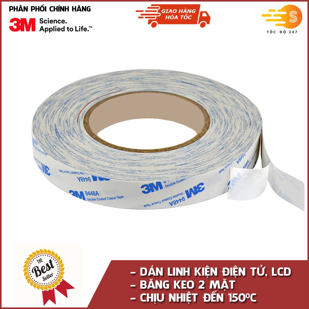 BĂNG KEO 2 MẶT CHỊU NHIỆT DÁN LINH KIỆN ĐIỆN TỬ 3M KHỔ 12MM X 50M 9448A-12