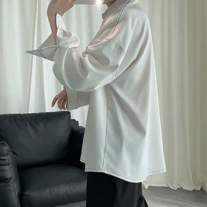 Áo sơ mi trắng dài tay dáng rộng phối kẻ sọc trẻ trung cho nam cỡ m-3xl