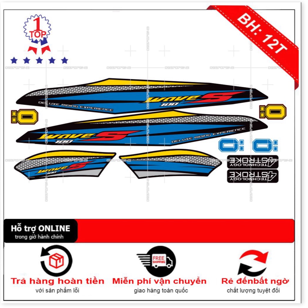 ( Quí khách vui lòng mang ra tiệm cho thợ dán ) Tem wave S100 2016 tổ ong xanh đen