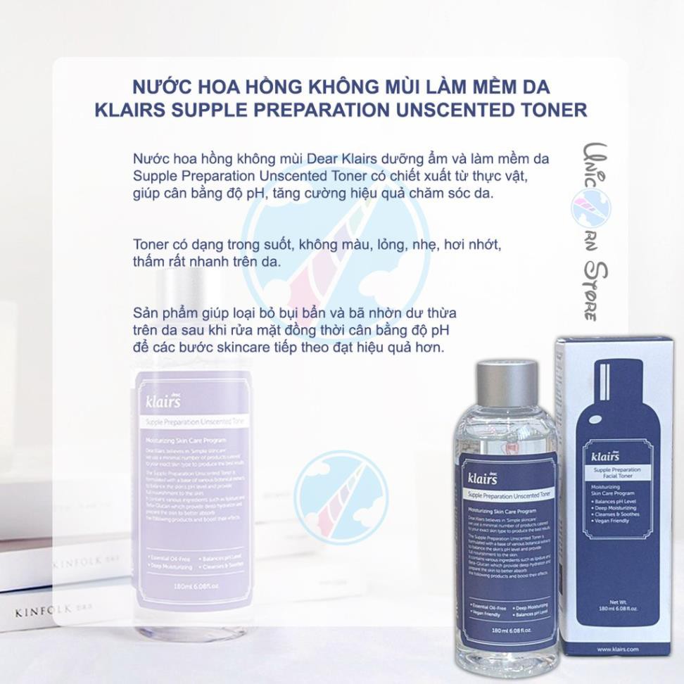 Hàng Hàn- Nước hoa hồng có mùi / không mùi Klairs Supple Preparation Toner 180ml