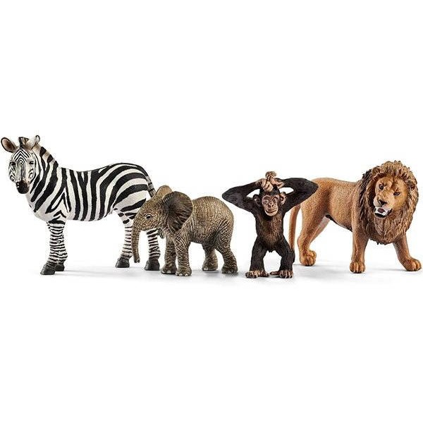 Bộ mô hình động vật hoang dã Safari (sư tử, ngựa vằn, voi con, tinh tinh con) SCHLEICH 42387