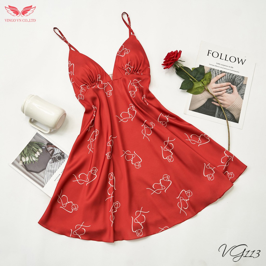 VINGO Váy Ngủ Lụa Pháp Mặc Nhà Nữ Hai Dây Có Mút Ngực Họa Tiết Thiếu Nữ Đỏ Gợi Cảm VG113 VNGO