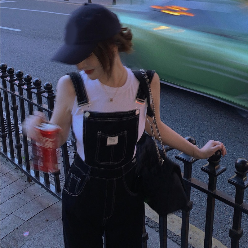 Quần Yếm Jeans Dài Ống Rộng Vintage Cho Nữ