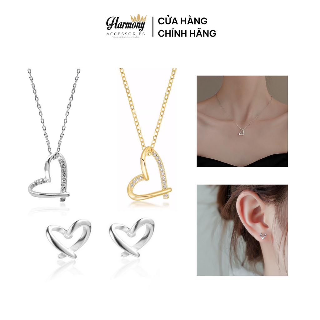Bộ trang sức bạc mạ vàng cao cấp, khuyên tai và dây chuyền nữ trái tim xinh xắn Little Heart | HARMONY ACCESSORIES S32