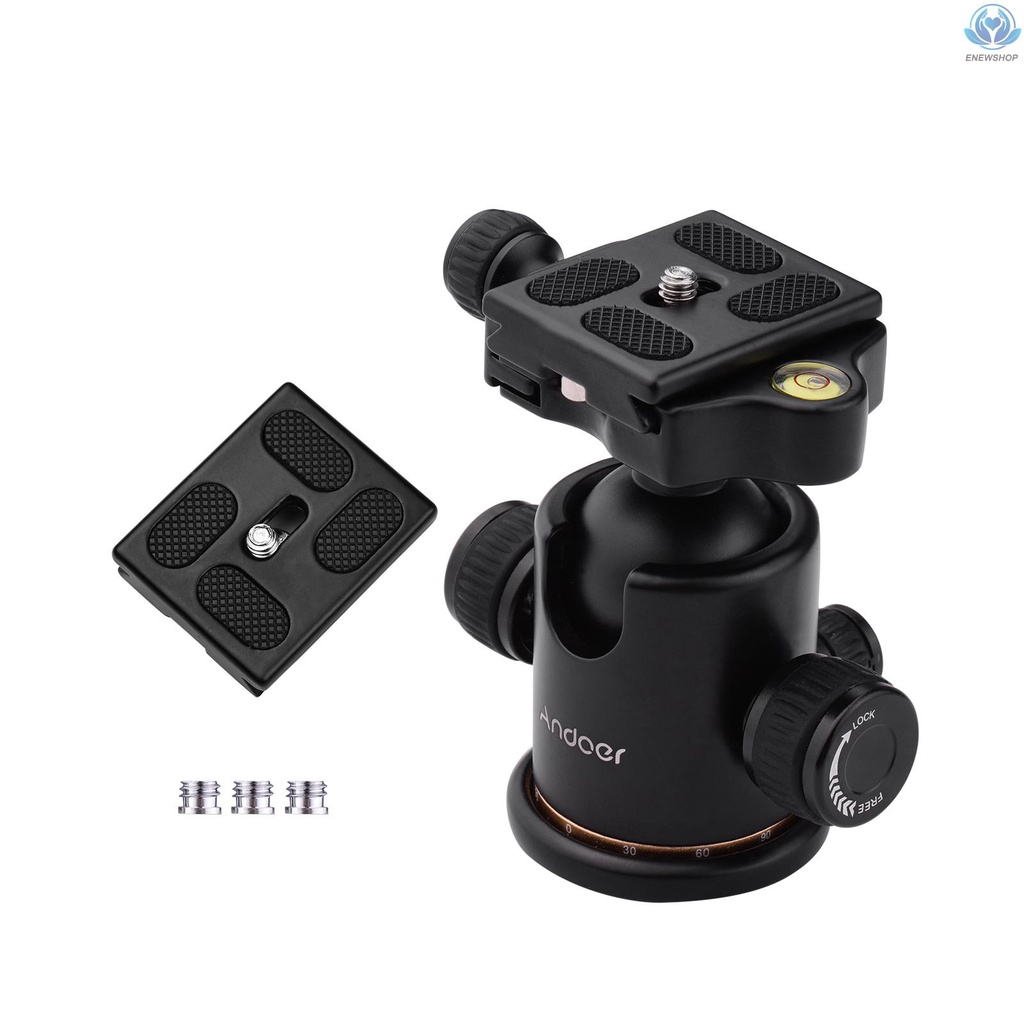 【enew】Andoer Aluminum Camera Panoramic Damper Ball Head Tripod Head 10KG Payload 360° Swivel 90° Flip with Quick Release Plate Scaled Plate Dual Bubble Level Universal 1/4in 3/8in Mounting