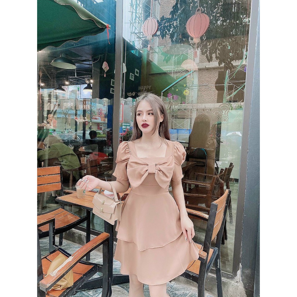 Đầm xèo, đầm nữ dáng xèo, 2 tầng phối nơ ngực, có lot ngực, chất xốp, hai màu chọn lọc trắng và be. Cos V1011 | BigBuy360 - bigbuy360.vn