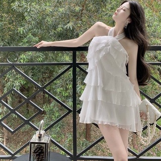 Đầm trắng dáng xòe sexy cổ yếm hàng nhập quảng châu