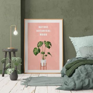 Tranh in canvas lá nhiệt đới nền hồng NATURE
