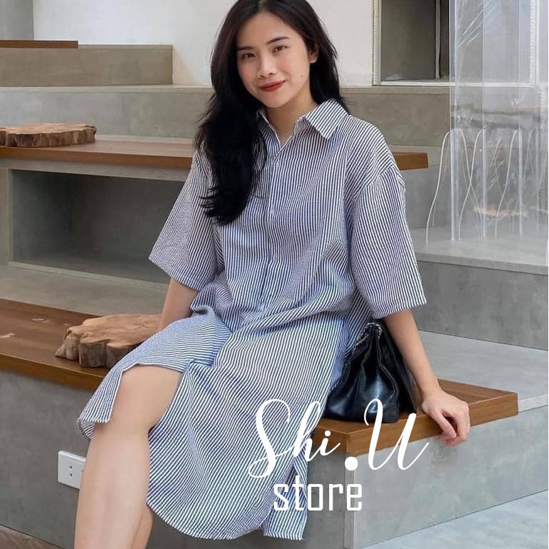 Váy Sơ Mi Dáng Suông Kẻ Sọc Chất Xốp Mát Không Nhăn Đầm Kẻ Basic Hai Màu