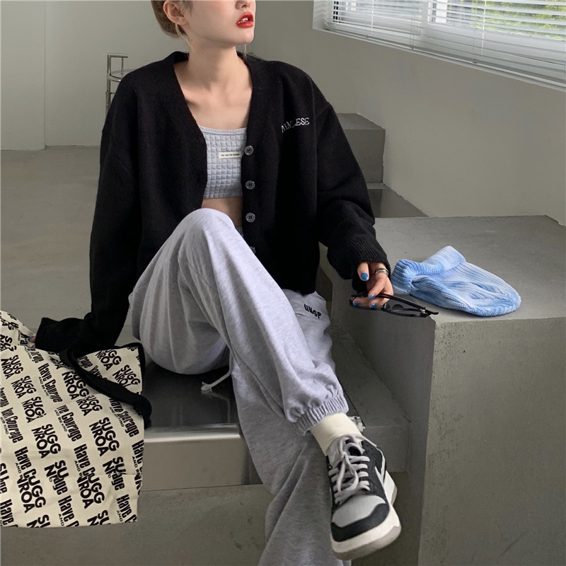 Áo khoác cardigan dệt kim cổ chữ V thêu chữ phong cách Hàn Quốc