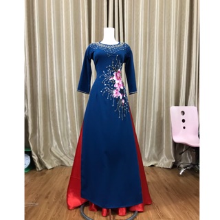 Áo dài xanh cổ vịt💥FREESHIP💥Áo dài đính hoa ren hồng nhẹ nhàng 2 tà