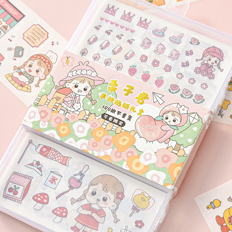 Hộp 100 tờ nhãn dán họa tiết bé gái hoạt hình đáng yêu trang trí sổ tay sổ lưu niệm DIY