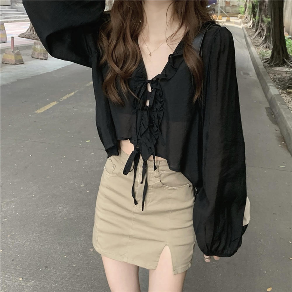 Áo Sơ Mi Tay Dài Cổ Lá Sen Cột Dây Màu Đen Thời Trang 50805