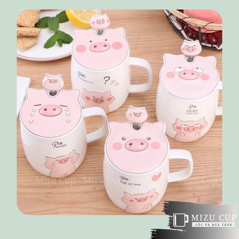 Cốc gốm sứ cao cấp hình bé heo biểu cảm siêu dễ thương kèm nắp thìa