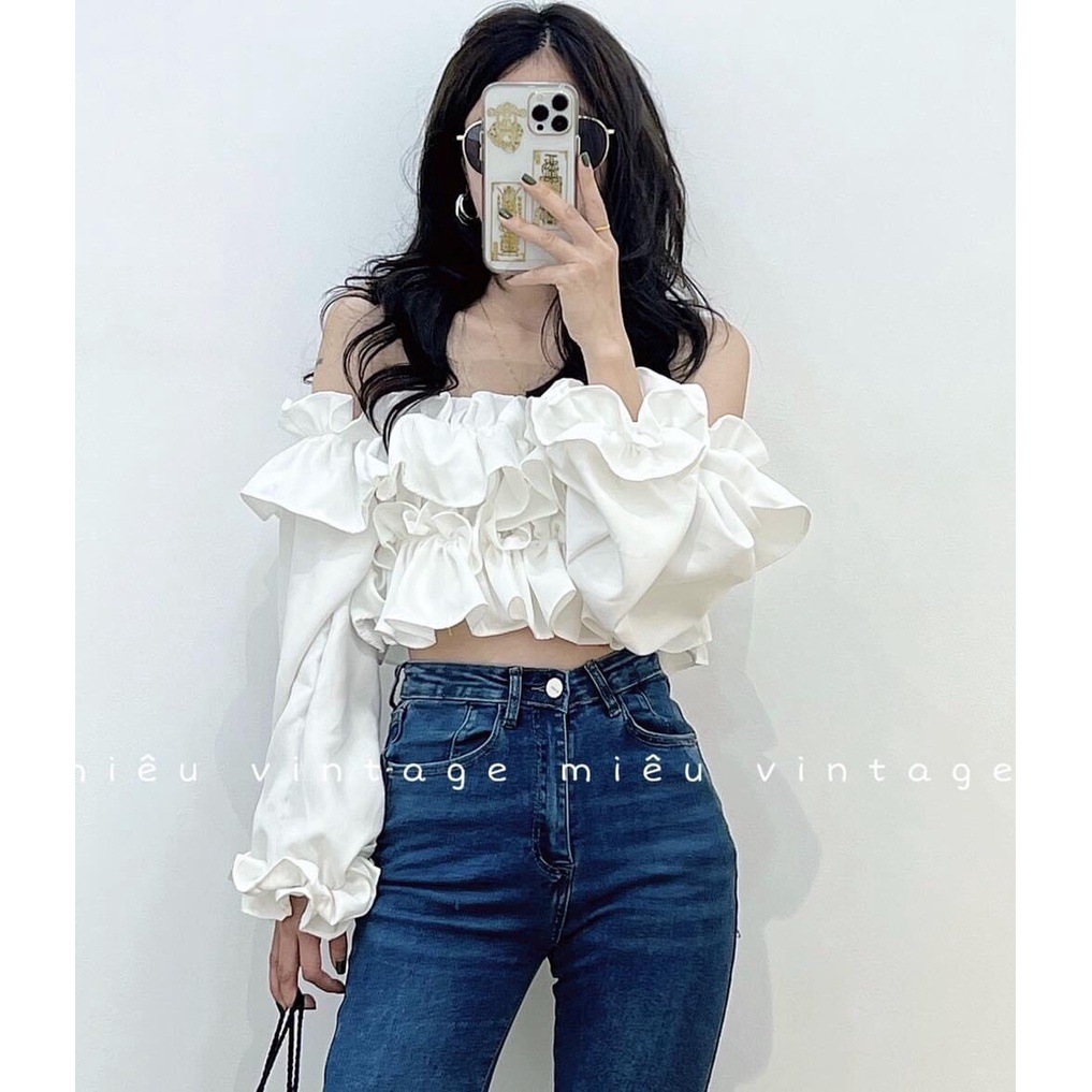 Áo croptop nữ dài tay trễ vai bèo trắng WIkishop freesize vải đũi lụa hở vai tôn eo phom ôm phong cách sexy C828