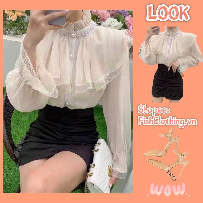 SẴN🎀 Áo sơ mi kiểu tiểu thư ren cổ đính ngọc tay loe ren sang trọng/Áo quý tộc kiểu Pháp cổ điển thanh lịch