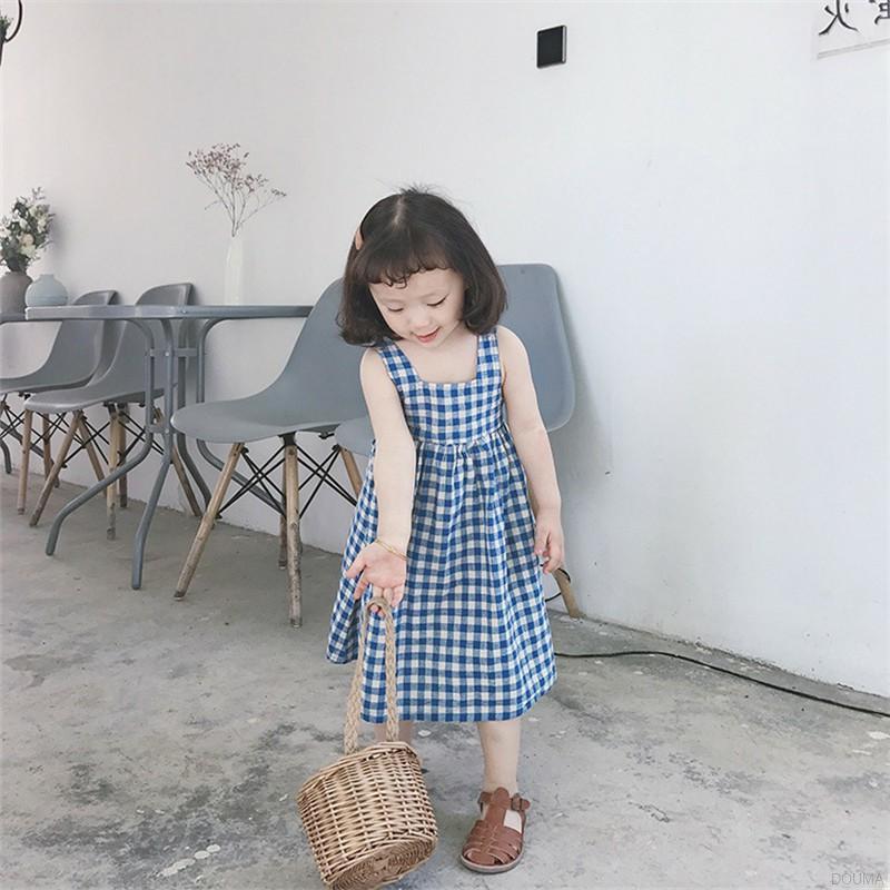 Đầm Hai Dây Kẻ Ca Rô Cho Bé Gái