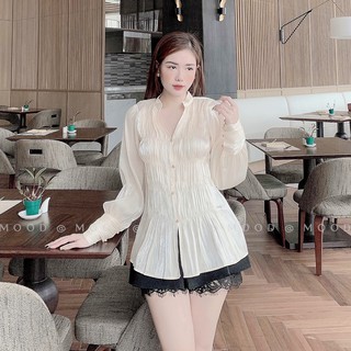 Áo sơ mi nữ Xếp Ly Xinh Xắn MOOD 005 - Sơ mi lụa dài tay dệt kim có tay cách điệu sang chảnh
