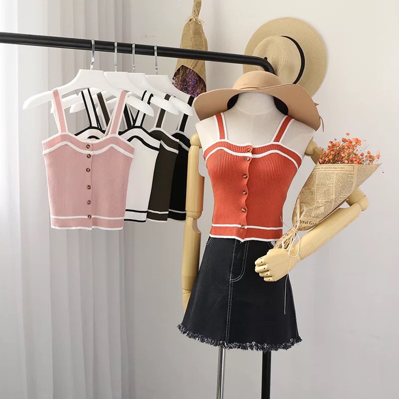 Áo hai Dây Len Co dãn Gài Nút Kèm Hình Thật Và video Sau