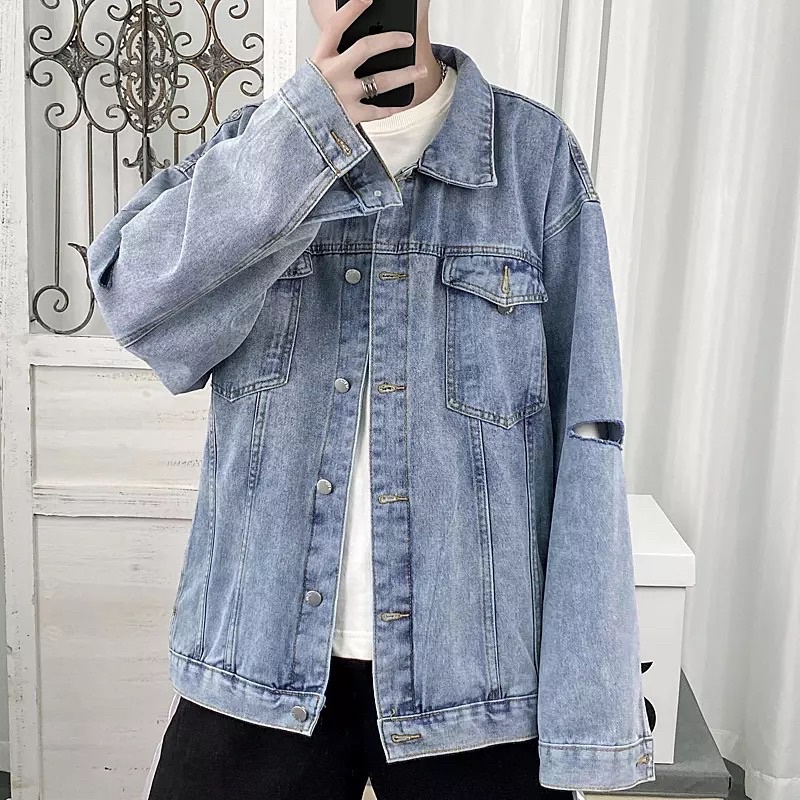 ÁO KHOÁC JEANS BÒ DENIM JACKET-AKJRT-FASHION UNISEX rách tay màu xanh ảnh thật