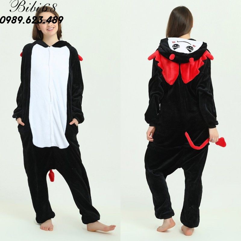 Bộ Đồ hình thú bí ngô rơi đen liền thân lông mịn Pijama Cho Người Lớn và Trẻ Em Hoạt Hình Cosplay