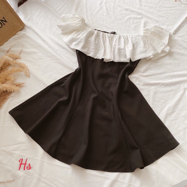 Đầm tiểu thư váy nữ váy ulzzang, Đầm Nữ Trễ Vai Phối Màu đen trắng, đầm váy ringela dress ,Chất Đũi  mặc lên siêu xinh