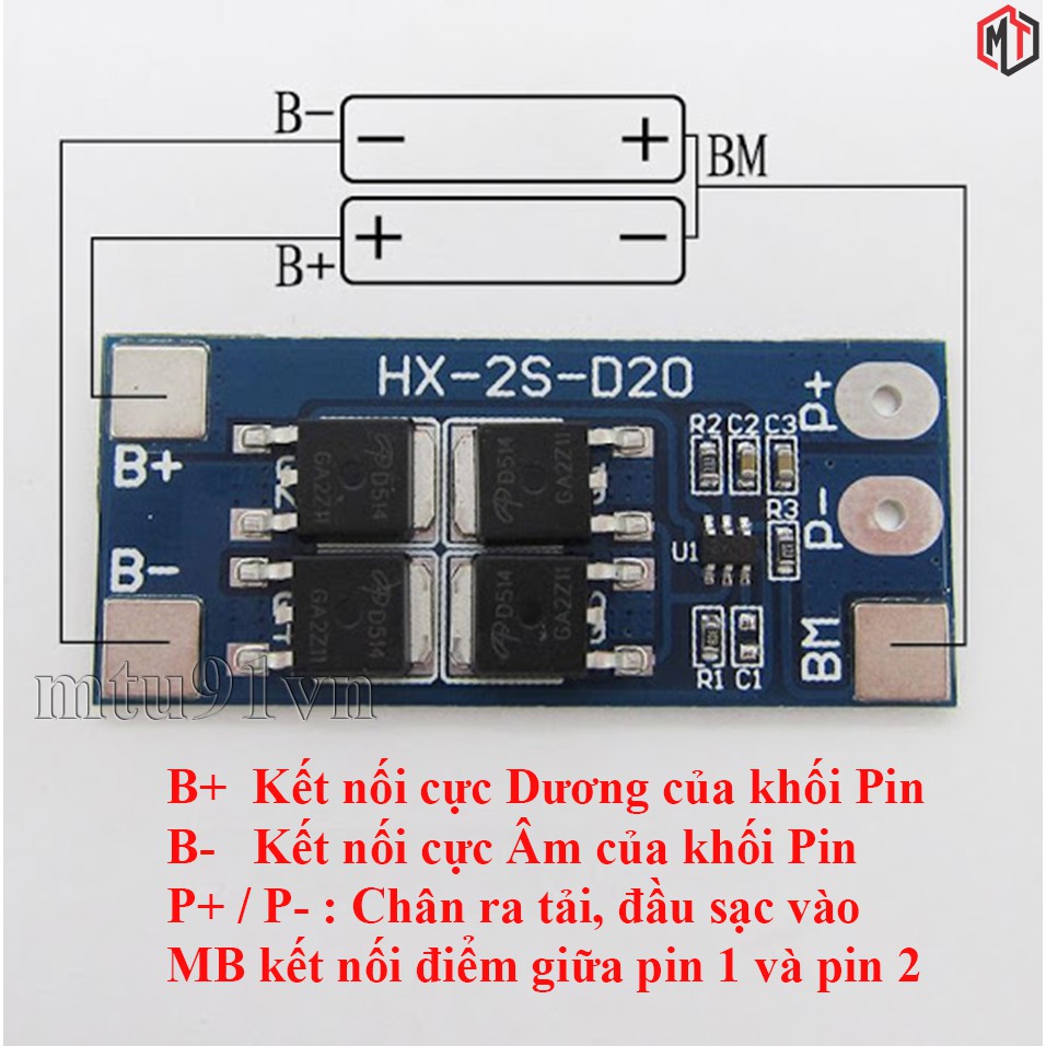 Mạch Bảo Vệ Pin Li-Ion 18650 2S 7.4V - 8.4V 20A 2S-D20 / HX-2S-D20