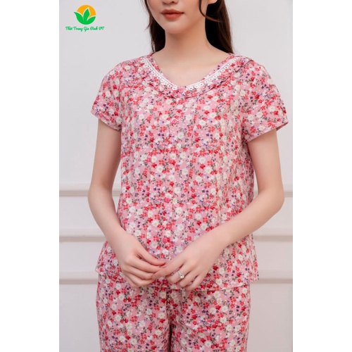 Bộ cotton quần dài áo cộc tay họa tiết nữ B48.2201- Thời trang gia đình VT