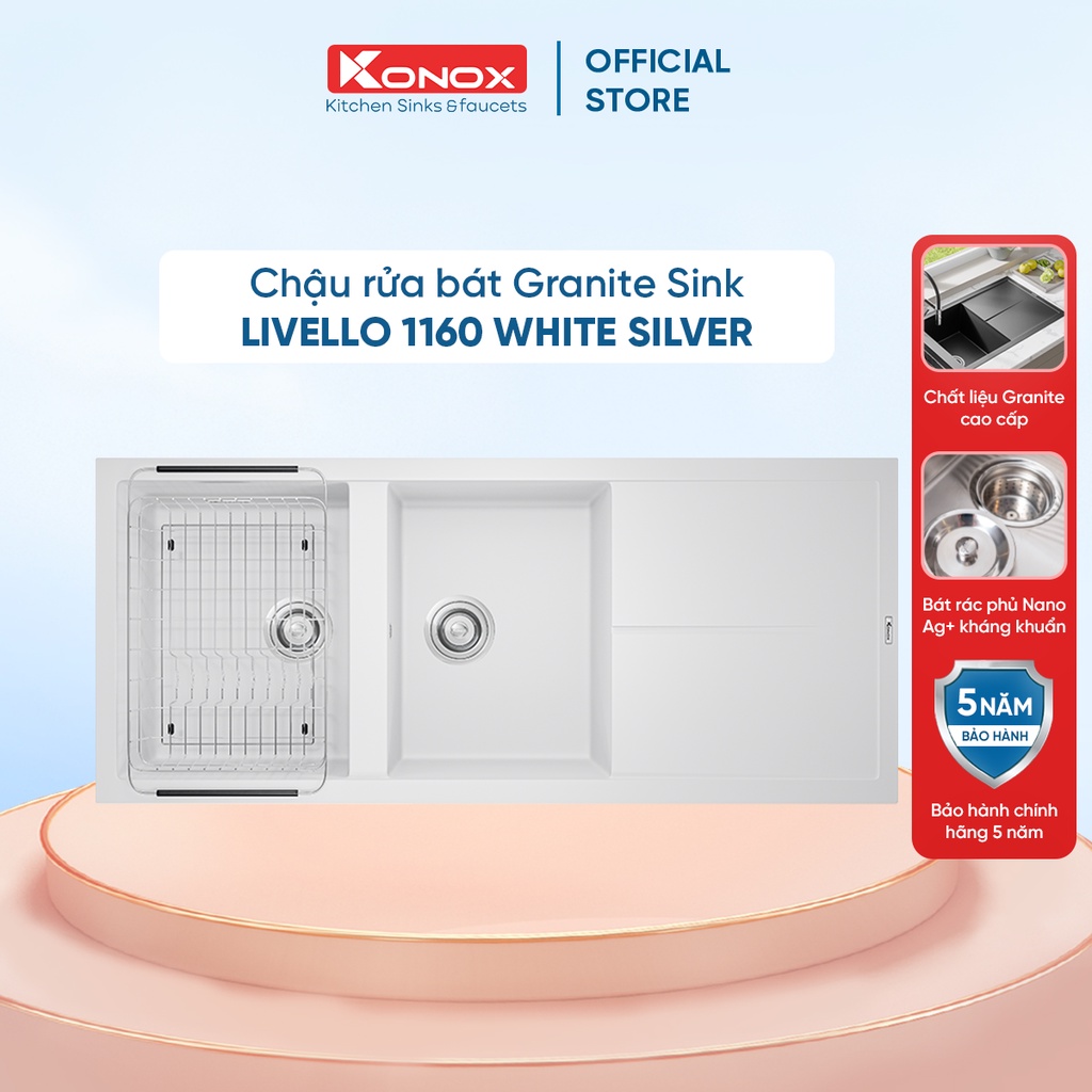 Chậu rửa bát đá KONOX Granite Series Livello Smart 1160 White Silver, Made in Italy