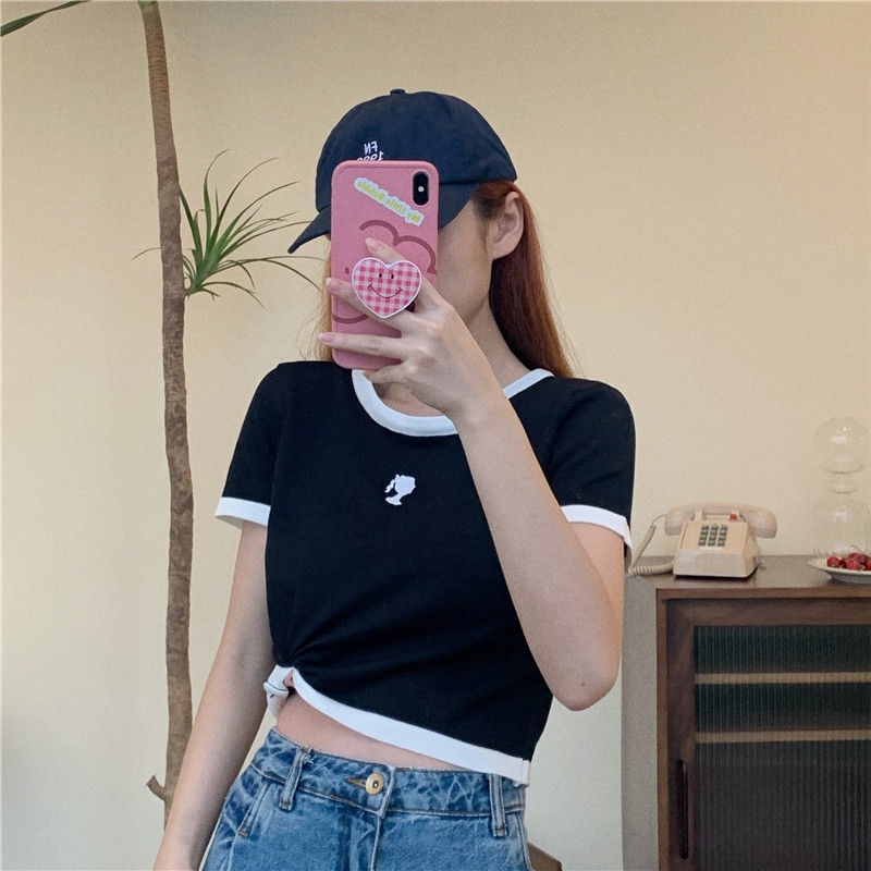 Áo Thun Lụa Lạnh Tay Ngắn Dáng Rộng Màu Sắc Tương Phản Thời Trang Mùa Hè Dành Cho Nữ