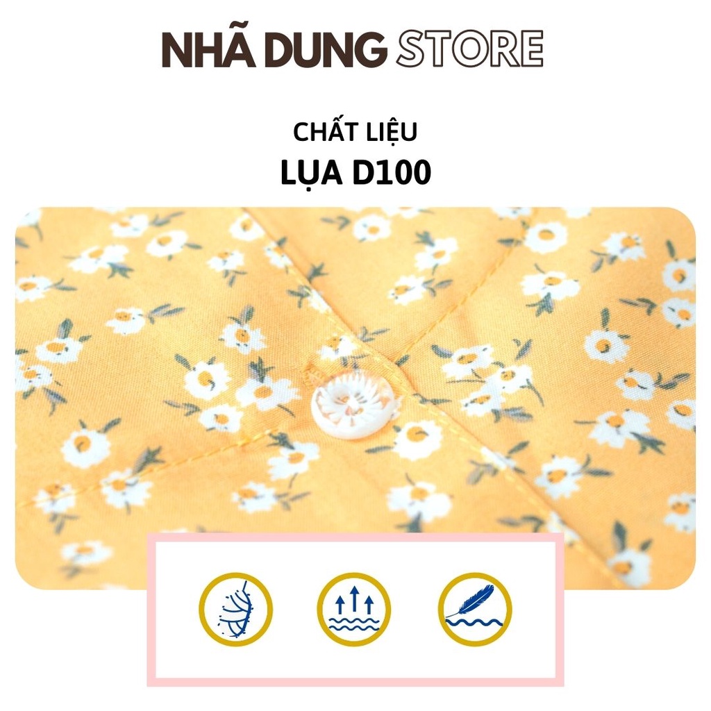 Đồ bộ nữ mặc nhà lửng vải lụa cao cấp in hoa nhí cổ tròn cách điệu nút dễ thương từ 40-65kg