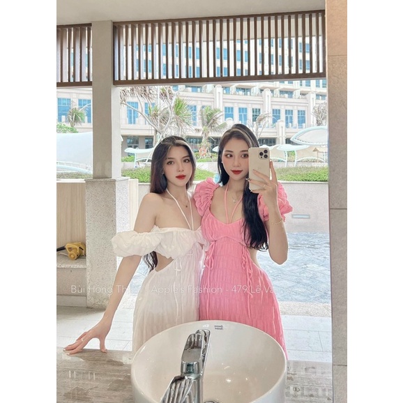 Set maxi xốp 3 món khoét hở eo lưng, đầm váy dài trắng hồng vàng xanh biển/lá thời trang dạo phố đi chơi/biển dễ thương