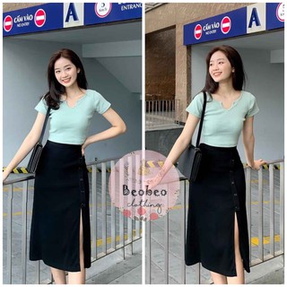 [Ảnh thật] Set áo thun croptop kèm chân váy midi xẻ tà phối nút